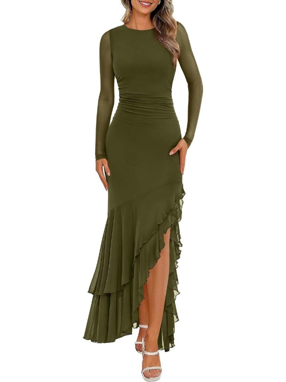 Women's Army Green Mesh Ruched Bodycon High Split Long Sleeve Cocktail Maxi